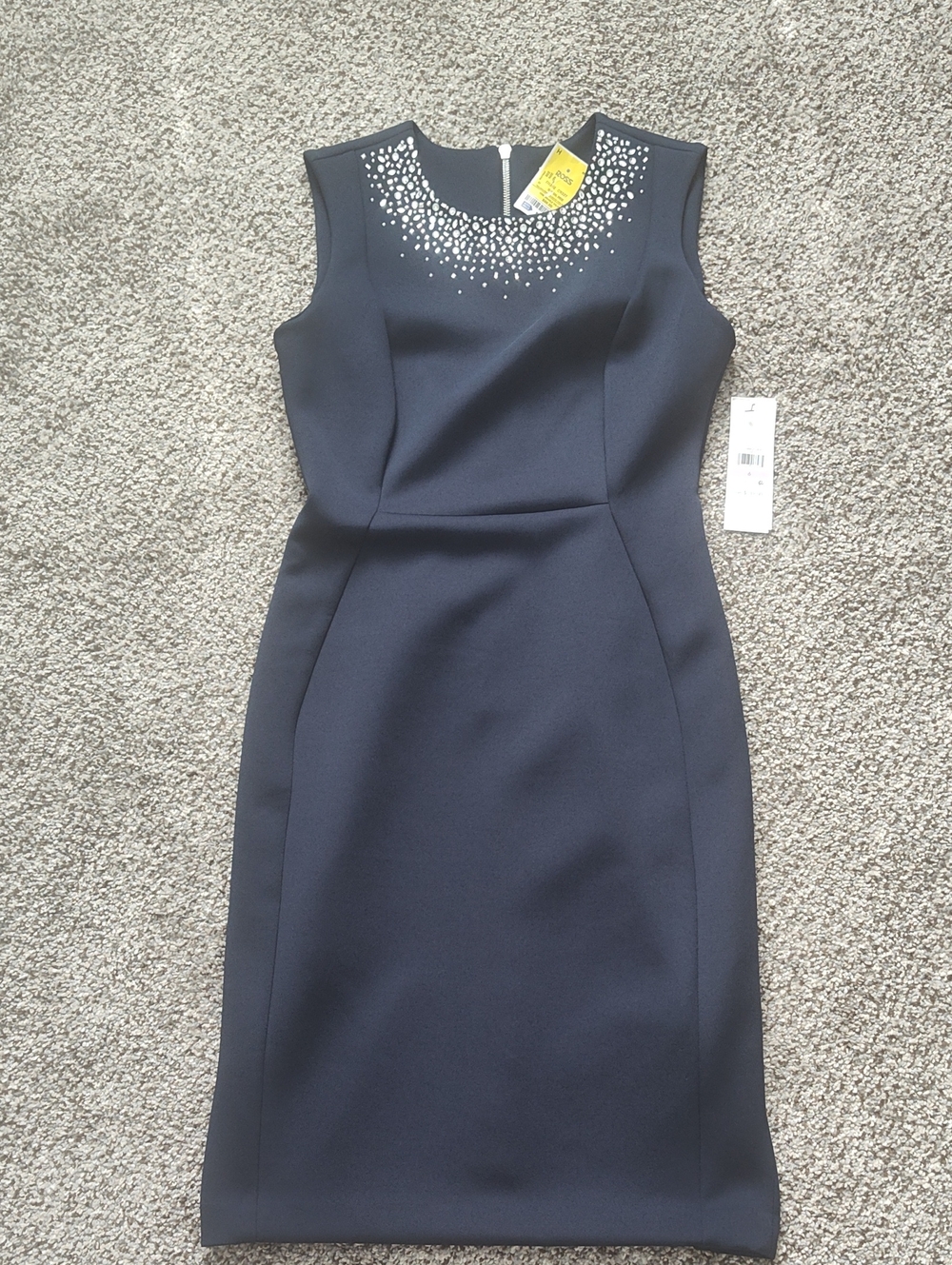 Calvin Klein Navy Sheath Dress with Crystal Collar